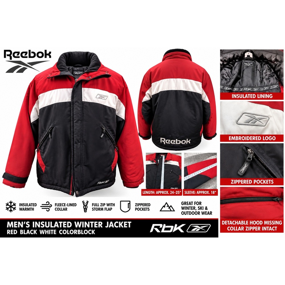 Reebok RBK Mens Insulated Winter Jacket Red Black Colorblock Puffer Coat